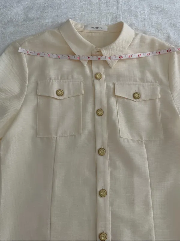 AMII Ivory Textured Short Sleeve Button Down Shirt Gold Buttons M - Image 11