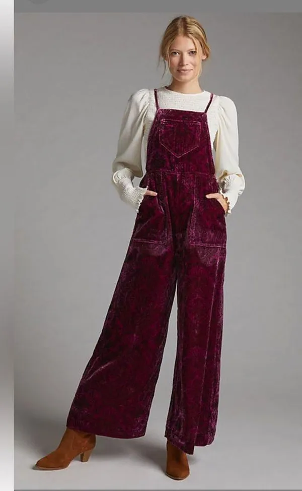 Anthropologie Velvet overalls wide leg S Anthropologie with paisley print - Image 5