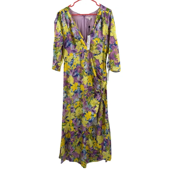 For Love and Lemons Cassia Dress Size 1X NWT Yellow Floral Ruched Midi Cocktail - Image 5