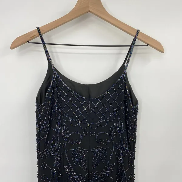 Vintage 90s Pure Silk Beaded Floral Mini Dress Flowy Cocktail Black Womens XS - Image 7