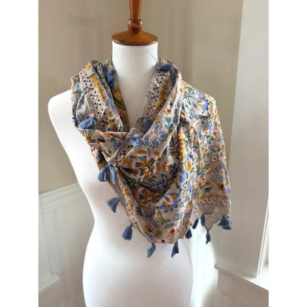 Natural Life Floral Tassel Scarf Boho Lightweight Rayon Wrap Tan Blue NEW - Image 2
