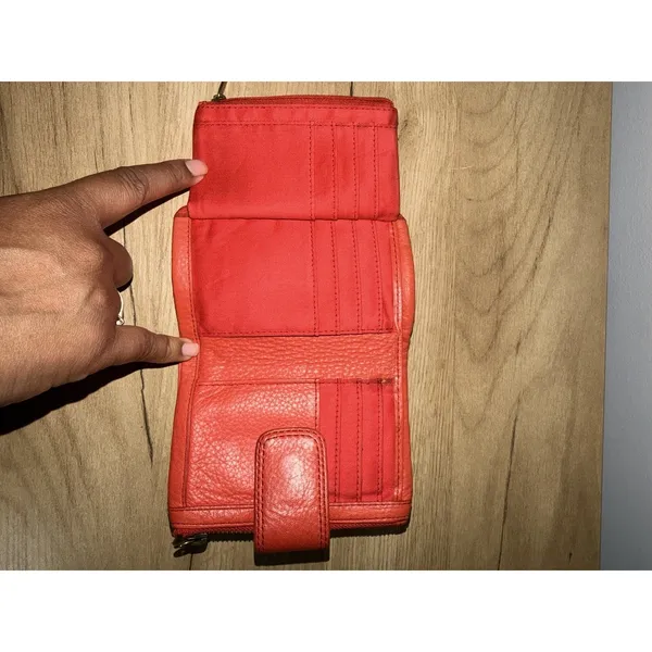 Fossil Red Compact Wallet‎ Pebble Leather Card Case F - Image 3