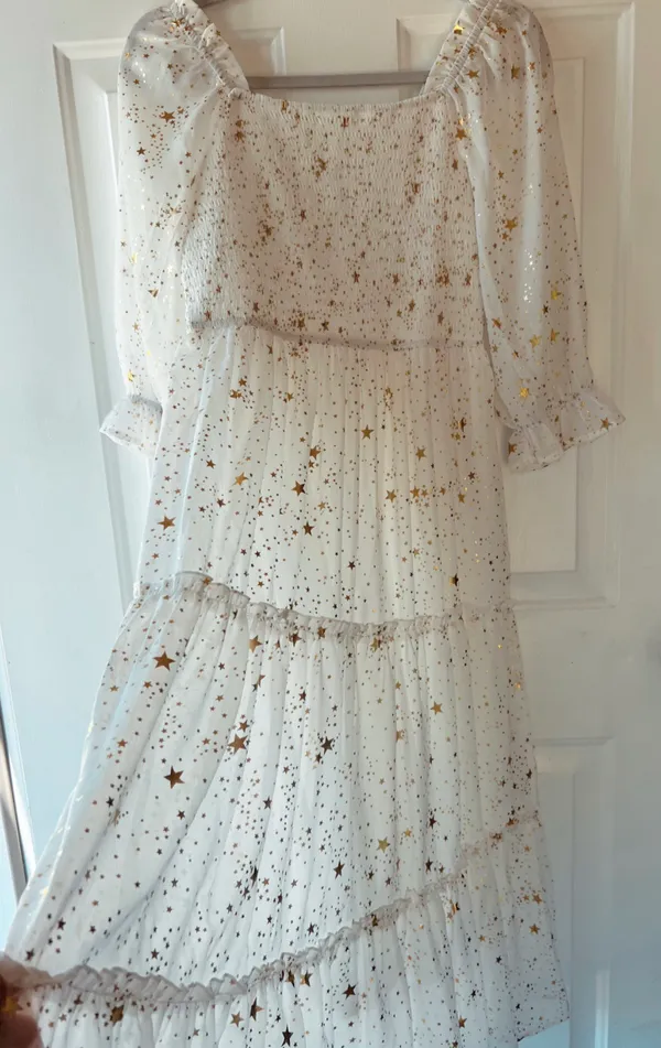 Square Neck Star Printed Smocked Midi Dress White - Image 2