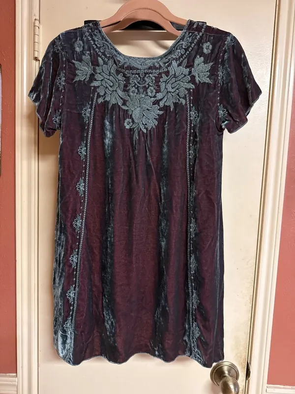 Johnny Was Velvet Embroidered Tunic Top XS Purple & Teal Rayon/Silk Blend - Image 9