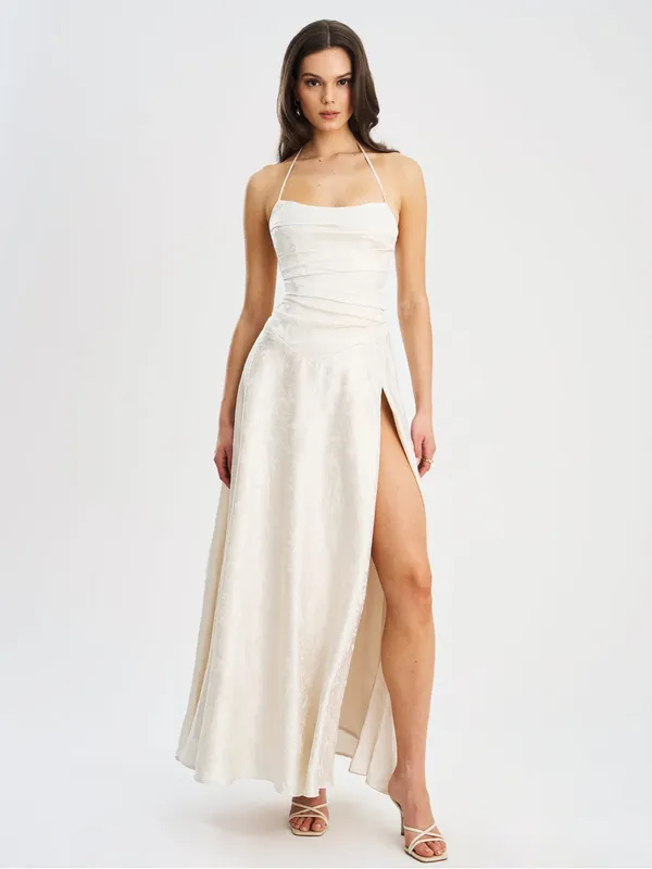 NWT Miss Circle Raegan Pearl White Jacquard Ruched Maxi Dress M - Image 5