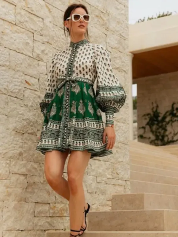 NWOT Zimmermann Green and White Printed Balloon-Sleeve Mini Dress - Image 3