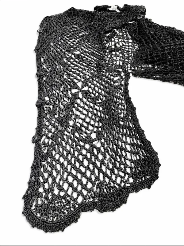 Vintage Express Tricot Black Crochet Open-Knit Cardigan covered buttons Sz L - Image 8
