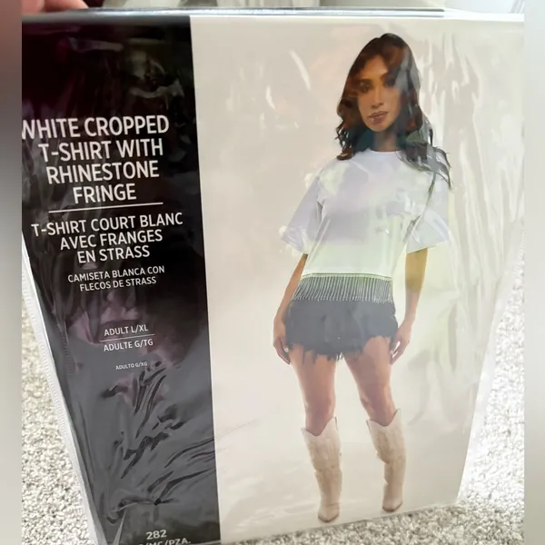 New White Cropped T-Shirt with Rhinestone Fringe women size L/XL party costumes - Image 2