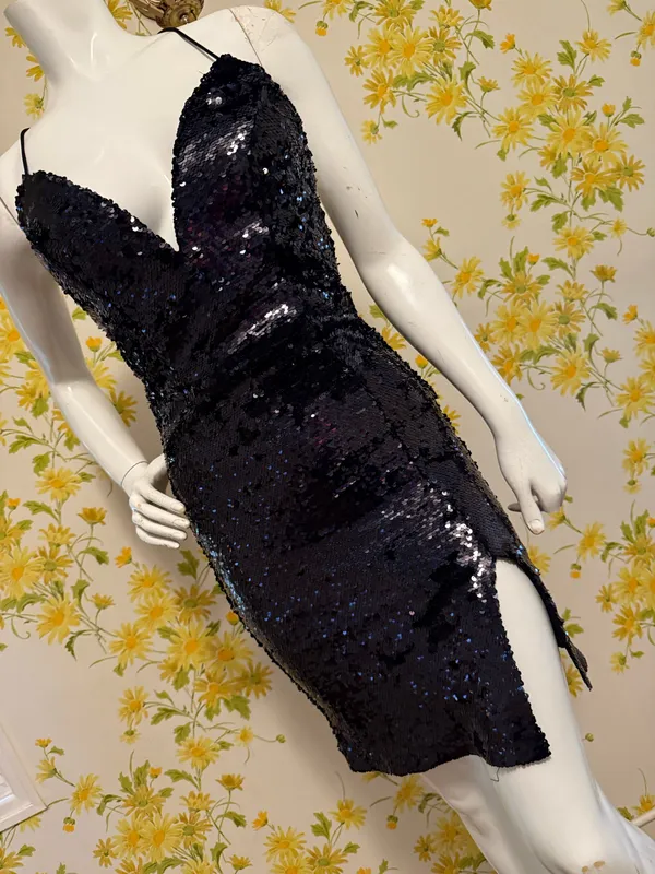 Sequined mini dress black size M Black Sequin V-Neck Lace-Up Short Party Dress - Image 2