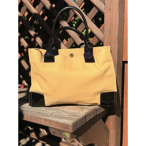 Tory Burch Ella Tote Mustard Yellow Canvas Black Patent Leather Trim Handbag - Image 3