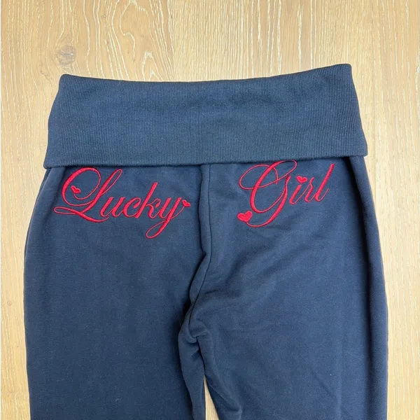 Hello Molly Flare Pants Fold Waist Base Lucky Girl Size M Navy Blue Red - Image 5
