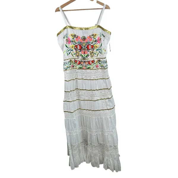 Boston Proper Maxi Dress Sz L Sequin And Embroidered Lace Insert Tiered Peasant - Image 2