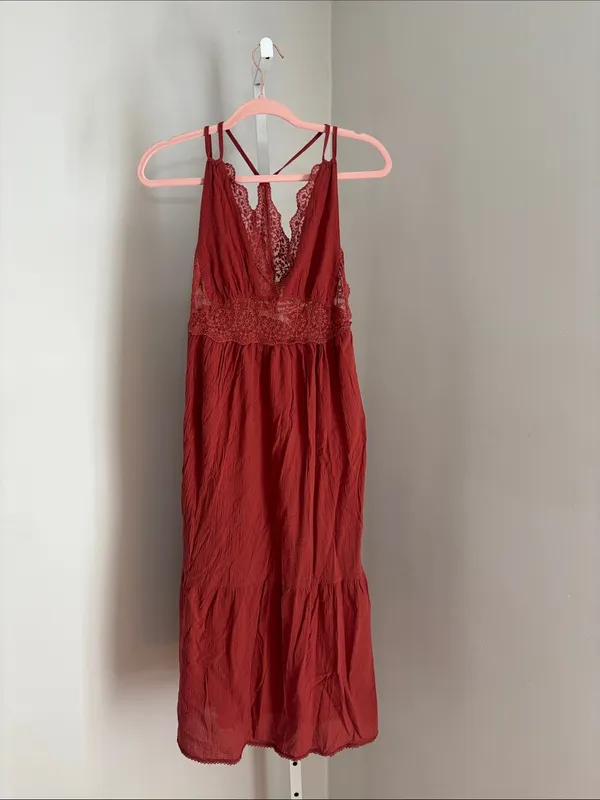 Lush Rust Red Lace-Trim Sleeveless Midi Boho Sun Dress Western Cottage Size S - Image 3