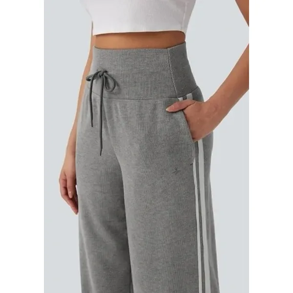 Halara Ribbed High Waisted Tummy Control Drawstring Wide Leg Fleece Trousers M - Image 3