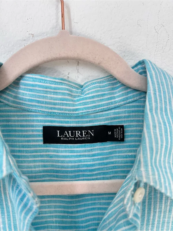 Lauren Ralph Lauren Blue Striped 100% Linen Button Down Blouse Women's Medium - Image 7