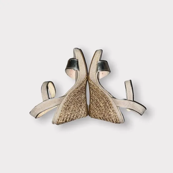 Maypol Gold Leather and Linen Espadrille Wedge Sandals Size 5.5 - Image 2