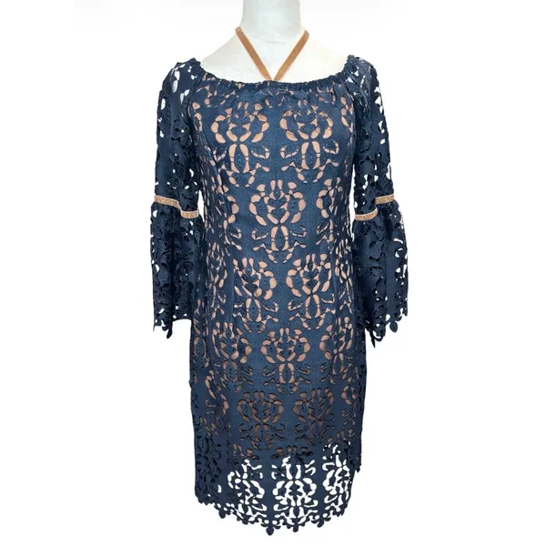 Alexia Admor NWT Navy Lace Off Shoulder Dress 10 Bell Sleeve Cocktail - Image 2