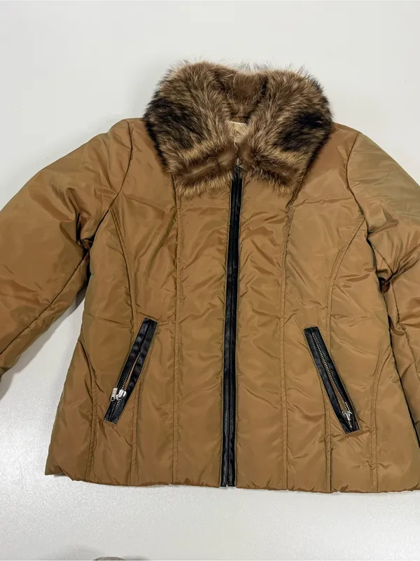 MICHAEL Michael Kors Quilted Puffer Jacket with Faux-Fur Collar in Camel/Tan - Image 3