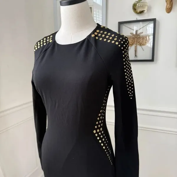Cache Gold Stud Sheath Dress Long Sleeve LBD Dress 6 - Image 3