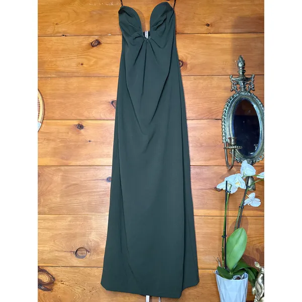 NWT Lulus Thula Dark Olive Cutout U-Bar Column Maxi Dress Strapless Gala Size L - Image 2