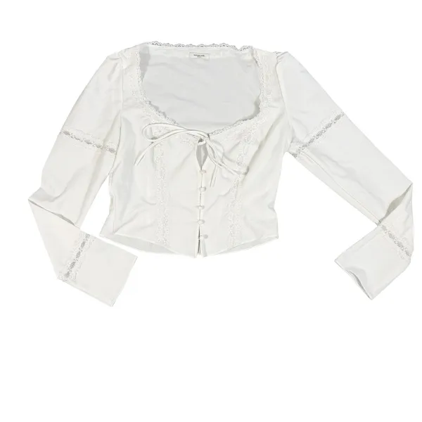 Mistress Rocks Lace Trim Tie Front Top Womens Medium White Bell Sleeve Corset - Image 8