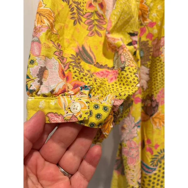 LOFT‎ Womens Yellow Floral Linen Blend Square Neck Puff Sleeve Blouse L Tropical - Image 6