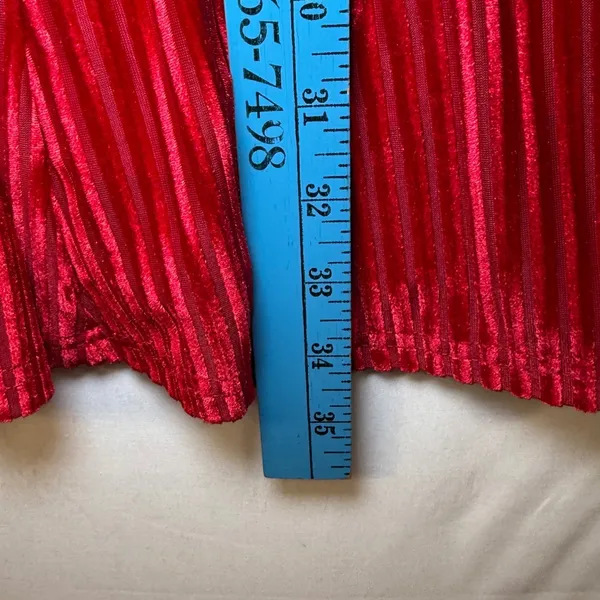Red Pleated Velvet Mini Dress Square‎ Neck Lantern Sleeve Holiday Boho Party L - Image 9