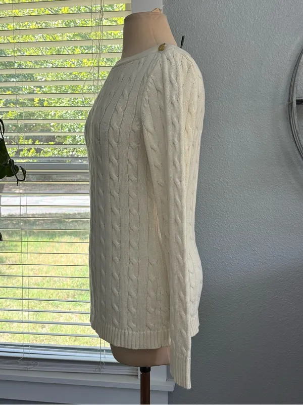 Lauren Ralph Lauren Boat Neck Cotton Cable Knit Sweater Size Medium - Image 2