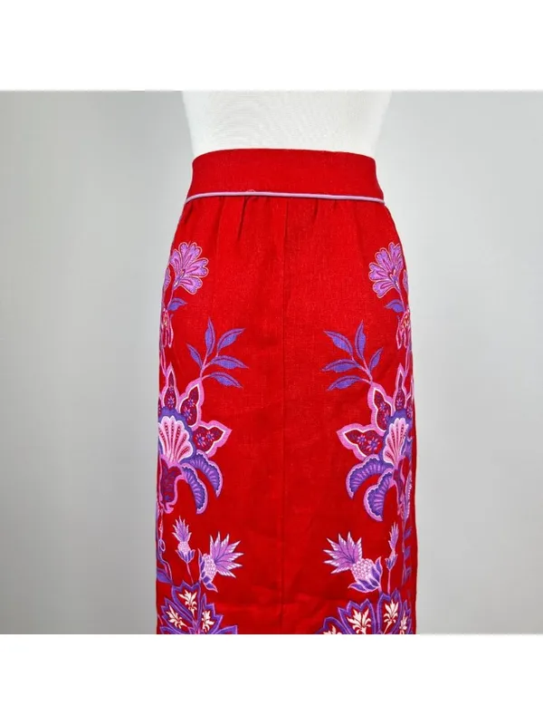 NWOT Farm Rio Red Porcelain Garden Scalloped Linen Midi Skirt Size XS - Image 7