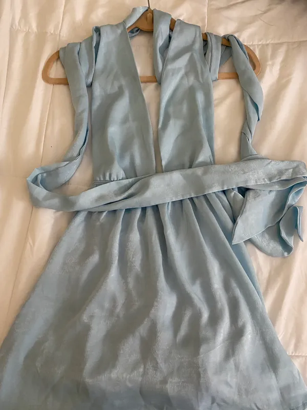 Lucy in the Sky Sunrise Satin Dress in Light Blue - Image 3