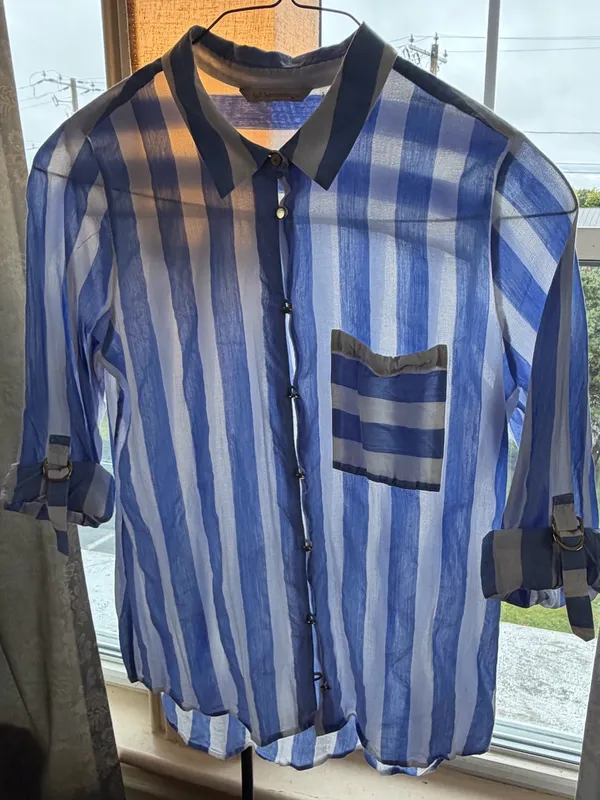 Soft Surroundings Light Blue and White Vertical Stripe Button-Down Shirt - Image 2