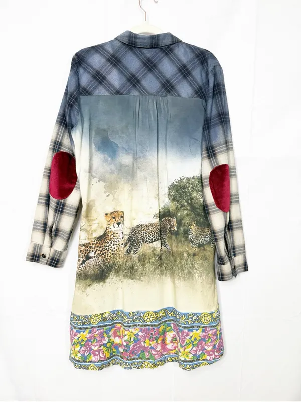 Aratta Silent Journey Cheetah Shirt-Dress Plaid Mixed Media Boho Bohemian - Image 3