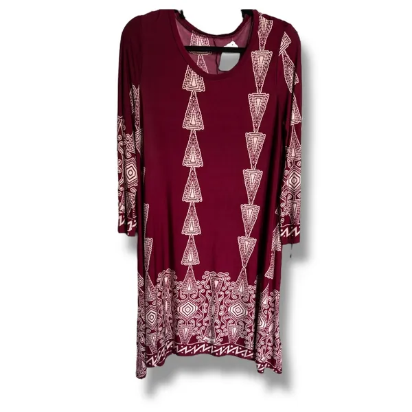 Boutique Long Sleeve Shift Dress Size L Burgundy Wine Cream Tribal‎ Print NEW - Image 2