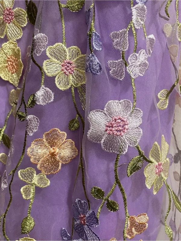 Womens L Large 42” Lavender Purple Mini Dress Embroidered Flowers Allover Fairy - Image 6