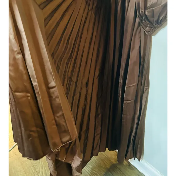 Ieena for Mac Duggal Brown Long Sleeve Pleated Full Skirt Cut Out Sides Gown 6 - Image 9