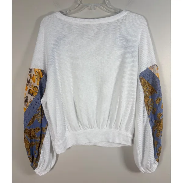 Free People Waffle knit Top XS White Excellent Mixed Media Floral Balloon Sleeve - Image 2