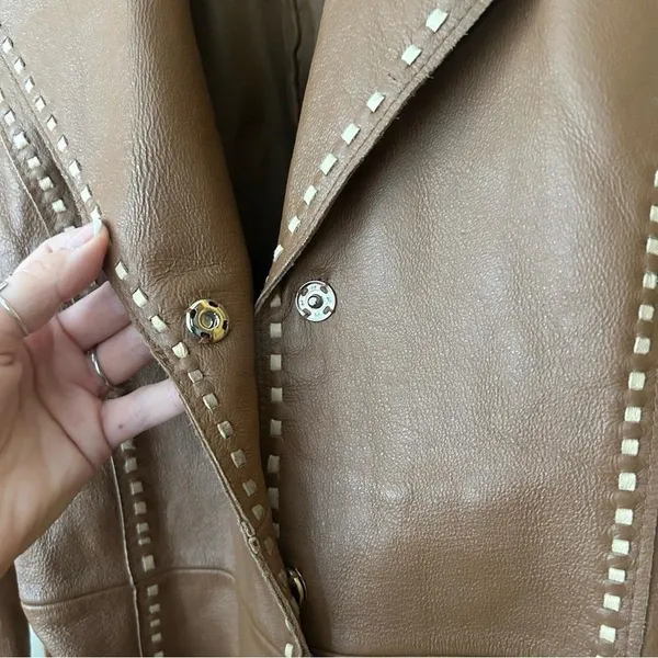 Vintage G Collection Genuine Leather Moto‎ Jacket Contrast Stitch Belt Camel Tan - Image 4