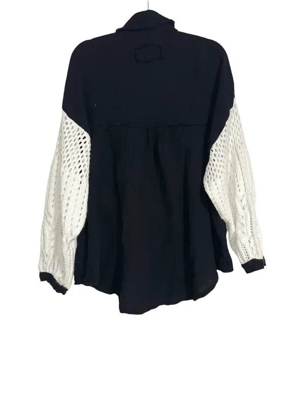 POL Black Gauze Crochet Sleeves Button Up Oversized Shacket SMALL - Image 3