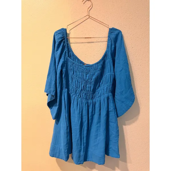 Free People Mini‎ Dress Women Small Blue Oasis Mini Smocked Bell Sleeve Pockets - Image 4