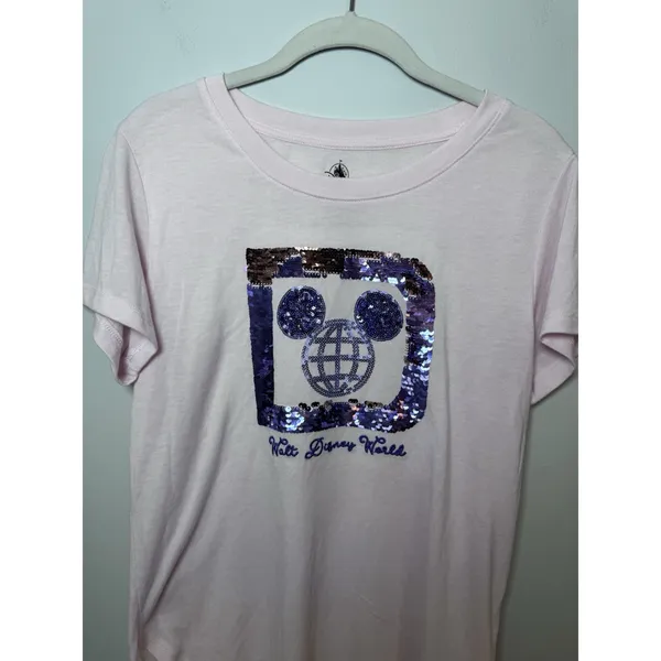 Walt Disney World Parks Pink Purple Sequin Mickey Mouse Short Sleeve Shirt Sz Sm - Image 11