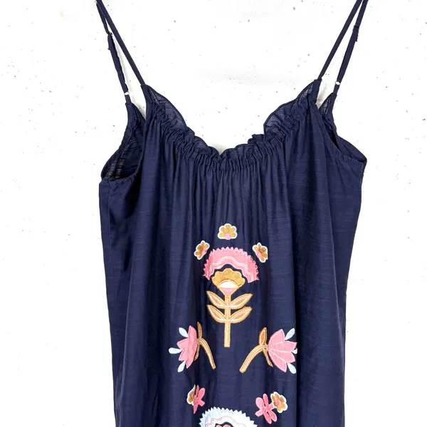Anthropologie Malika Embroidered Dress Low Scoop Back Ruffle Hem Navy Blue XS - Image 11
