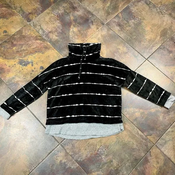 Como Vintage Black White Striped Drawstring Cowl Neck Sweatshirt XXL - Image 4