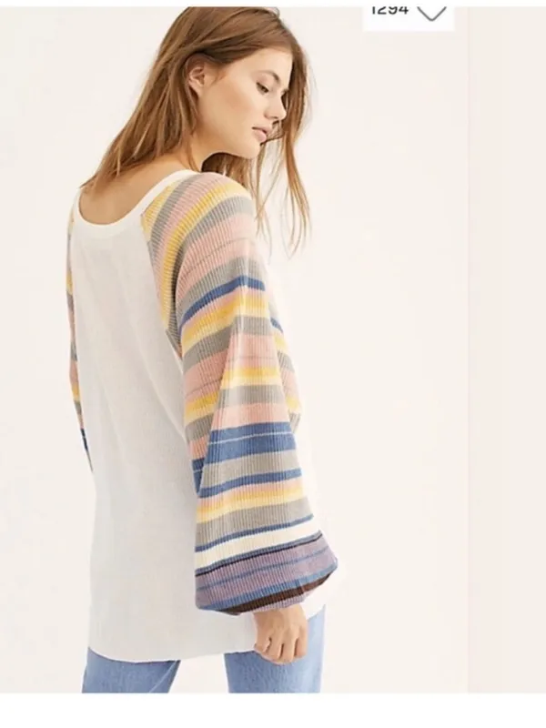 Free People Rainbow Dreams Balloon Sleeve Thermal Knit Blouse, EUC, Medium - Image 3