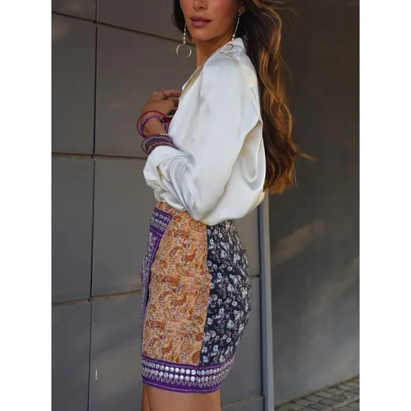 Commense Boho Asymmetric Floral Printed Purple Mini Skirt NWT Small - Image 4