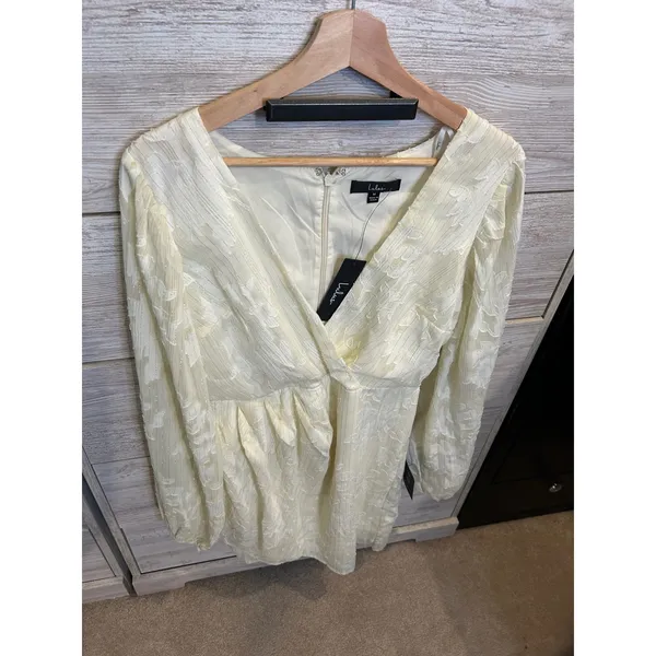 Lulus Cream Jacquard Long Sleeve Mini Dress Metallic Gold Floral Shimmer M - Image 3
