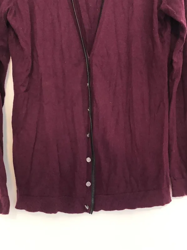 ANN TAYLOR Plum Purple Vegan Faux Leather Trim Button Down Cardigan Sweater M - Image 3