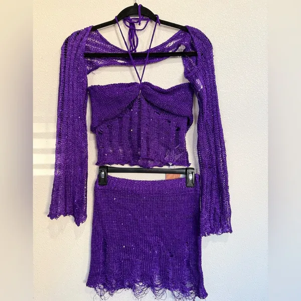 Fairy core 3PC Purple Crochet Set M Festival W Y2K Distressed Crop Top Skirt - Image 2