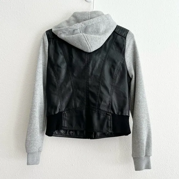 Last Kiss Y2K Black Leather Hybrid Gray Hooded Zip Moto Jacket Size Medium - Image 4