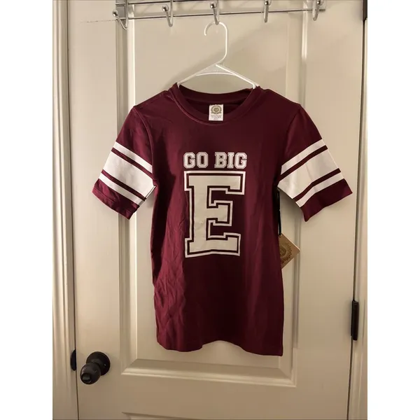 School House "Go Big E" Jersey Style T-Shirt Women's Juniors Size S Maroon White - Image 7