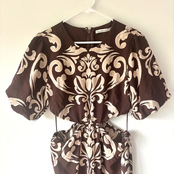 Abercrombie & Fitch Short Puff Sleeve Cutout Maxi Dress Brown Tan Floral Pattern - Image 6